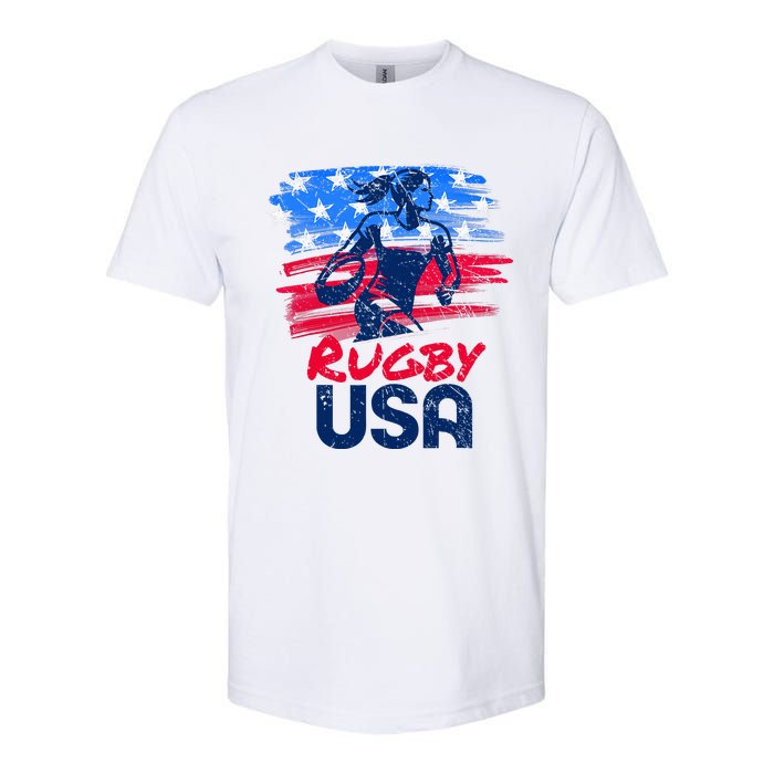 Rugby Usa Flag Women Player Rugby Sevens American Patriotic Softstyle CVC T-Shirt