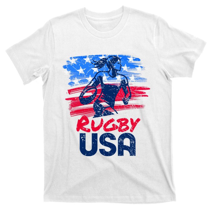 Rugby Usa Flag Women Player Rugby Sevens American Patriotic T-Shirt