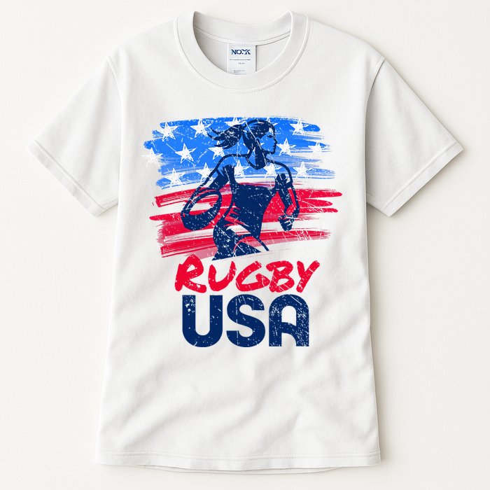 Rugby Usa Flag Women Player Rugby Sevens American Patriotic Tall T-Shirt