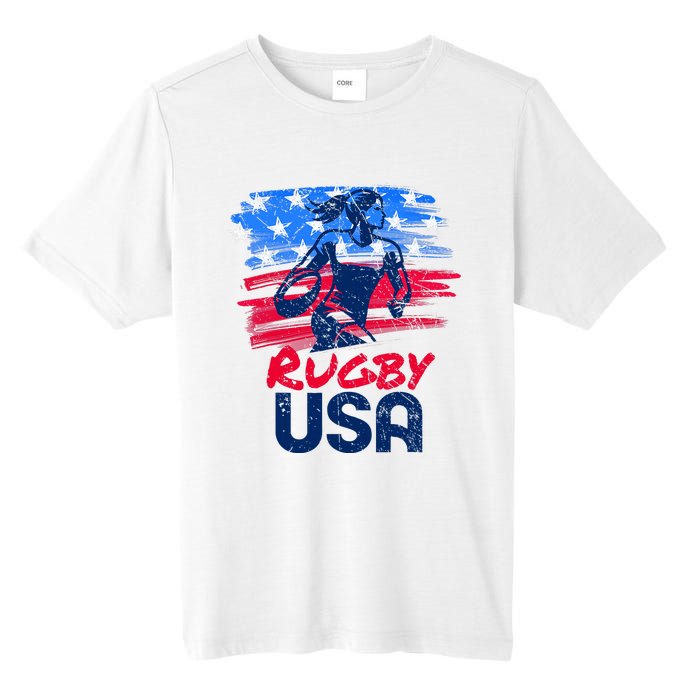 Rugby Usa Flag Women Player Rugby Sevens American Patriotic Tall Fusion ChromaSoft Performance T-Shirt