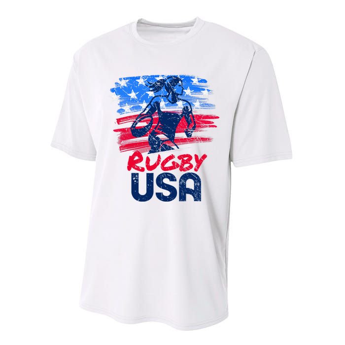 Rugby Usa Flag Women Player Rugby Sevens American Patriotic Performance Sprint T-Shirt