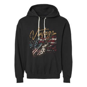 Retro USA Flag Guitar 4th of July Patriotic Guitarist Garment-Dyed Fleece Hoodie