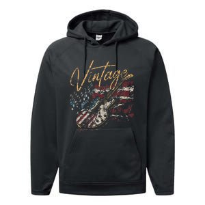 Retro USA Flag Guitar 4th of July Patriotic Guitarist Performance Fleece Hoodie