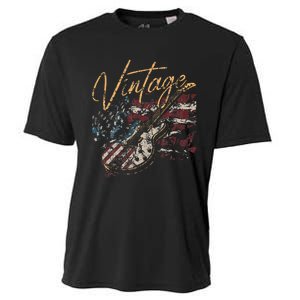 Retro USA Flag Guitar 4th of July Patriotic Guitarist Cooling Performance Crew T-Shirt