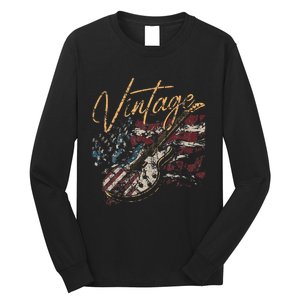 Retro USA Flag Guitar 4th of July Patriotic Guitarist Long Sleeve Shirt