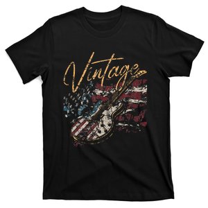 Retro USA Flag Guitar 4th of July Patriotic Guitarist T-Shirt