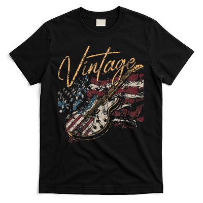 Retro USA Flag Guitar 4th of July Patriotic Guitarist T-Shirt