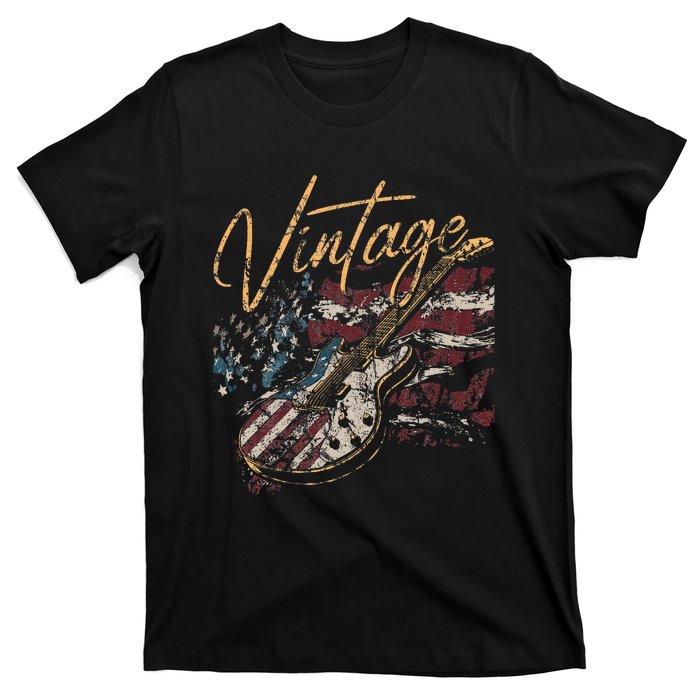 Retro USA Flag Guitar 4th of July Patriotic Guitarist T-Shirt