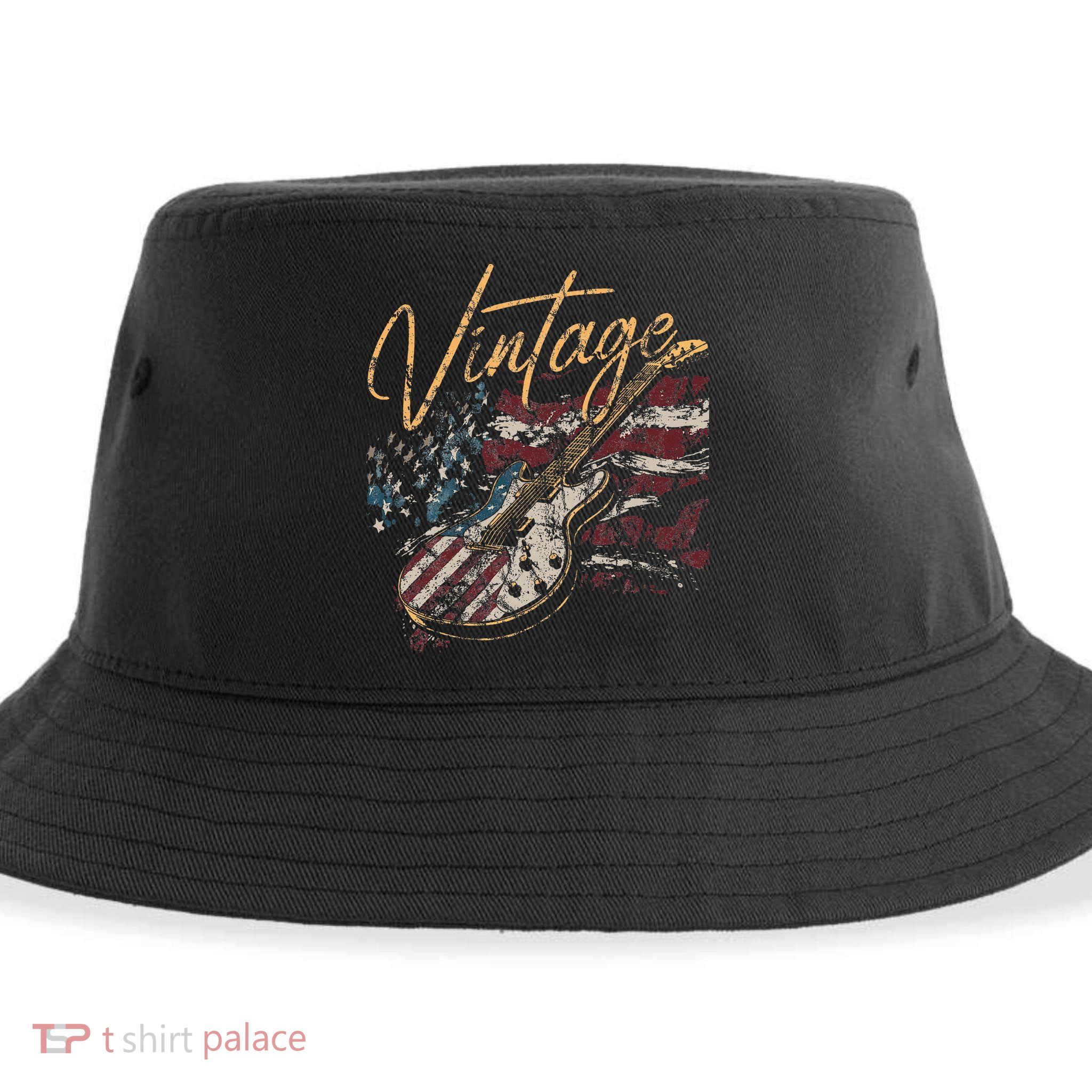Retro USA Flag Guitar 4th of July Patriotic Guitarist Sustainable Bucket Hat