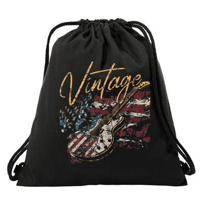Retro USA Flag Guitar 4th of July Patriotic Guitarist Drawstring Bag