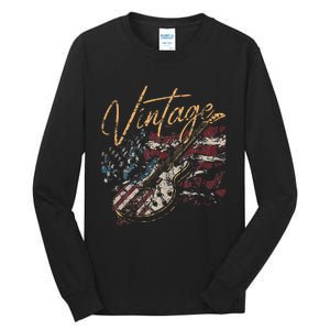 Retro USA Flag Guitar 4th of July Patriotic Guitarist Tall Long Sleeve T-Shirt