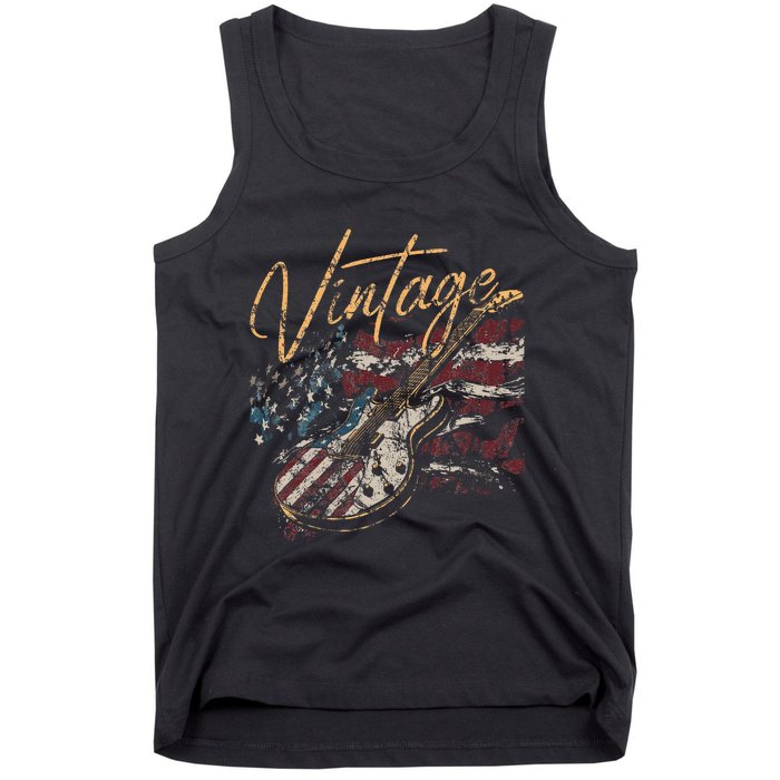 Retro USA Flag Guitar 4th of July Patriotic Guitarist Tank Top