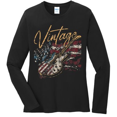 Retro USA Flag Guitar 4th of July Patriotic Guitarist Ladies Long Sleeve Shirt