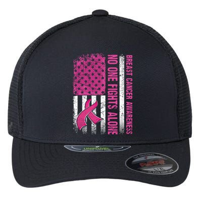 Retro Us Flag No One Fights Breast Cancer Alone Pink Ribbon Meaningful Gift Flexfit Unipanel Trucker Cap