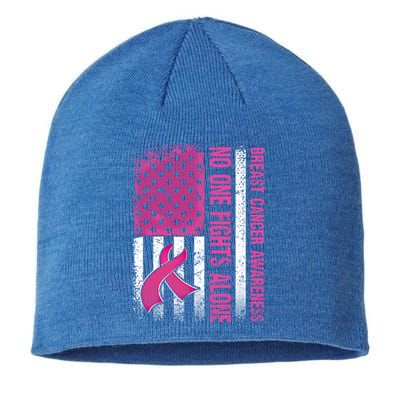 Retro Us Flag No One Fights Breast Cancer Alone Pink Ribbon Meaningful Gift Sustainable Beanie