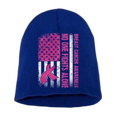 Retro Us Flag No One Fights Breast Cancer Alone Pink Ribbon Meaningful Gift Short Acrylic Beanie