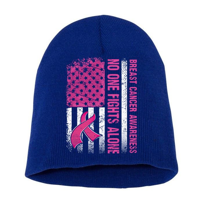 Retro Us Flag No One Fights Breast Cancer Alone Pink Ribbon Meaningful Gift Short Acrylic Beanie