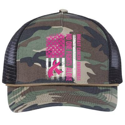 Retro Us Flag No One Fights Breast Cancer Alone Pink Ribbon Meaningful Gift Retro Rope Trucker Hat Cap