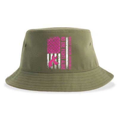 Retro Us Flag No One Fights Breast Cancer Alone Pink Ribbon Meaningful Gift Sustainable Bucket Hat