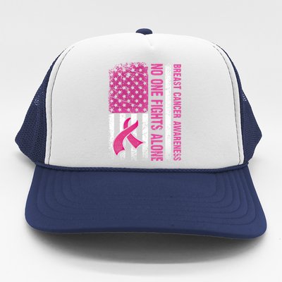 Retro Us Flag No One Fights Breast Cancer Alone Pink Ribbon Meaningful Gift Trucker Hat