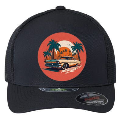 Retro Usa Muscle Car And Miami Sunset Flexfit Unipanel Trucker Cap