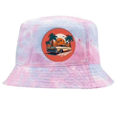 Retro Usa Muscle Car And Miami Sunset Tie-Dyed Bucket Hat