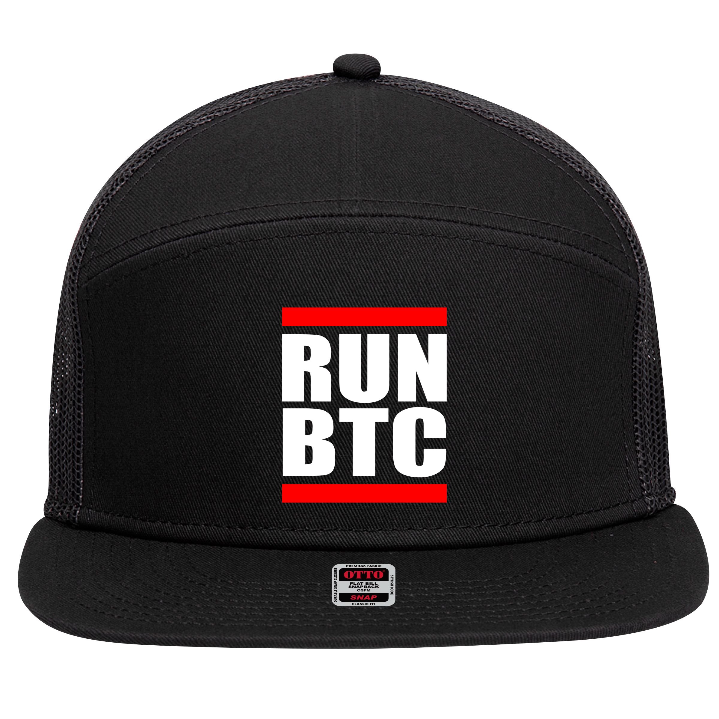 Run BTC Bitcoin Cryptocurrency Crypto Moon Hodl 7 Panel Mesh Trucker Snapback Hat