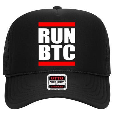 Run BTC Bitcoin Cryptocurrency Crypto Moon Hodl High Crown Mesh Back Trucker Hat