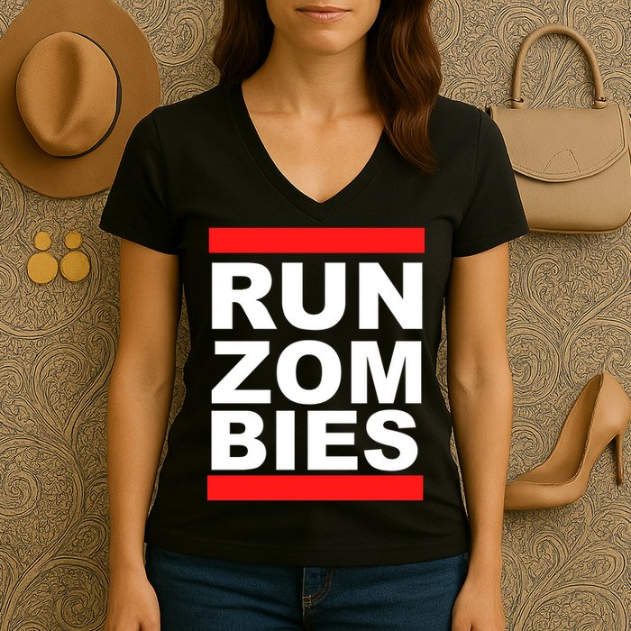 Run Zombies Retro Women's V-Neck T-Shirt