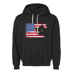 Retro USA Patriotic American Flag US Cat Garment-Dyed Fleece Hoodie