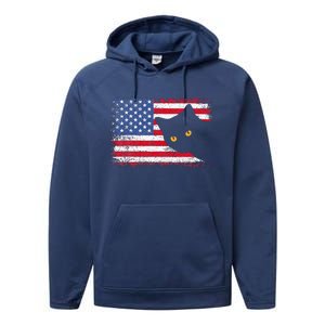 Retro USA Patriotic American Flag US Cat Performance Fleece Hoodie