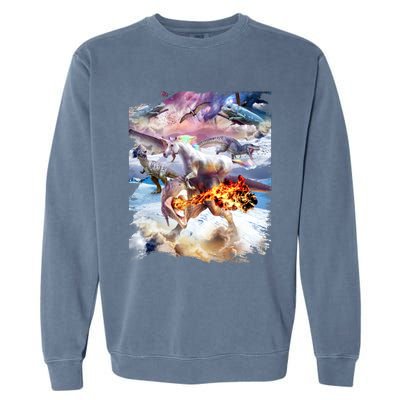 Rainbow Unicorn Riding Dinosaur Gift Garment-Dyed Sweatshirt