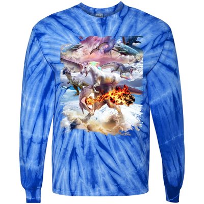 Rainbow Unicorn Riding Dinosaur Gift Tie-Dye Long Sleeve Shirt