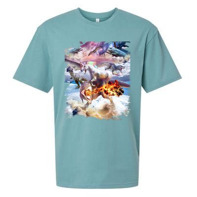 Rainbow Unicorn Riding Dinosaur Gift Sueded Cloud Jersey T-Shirt