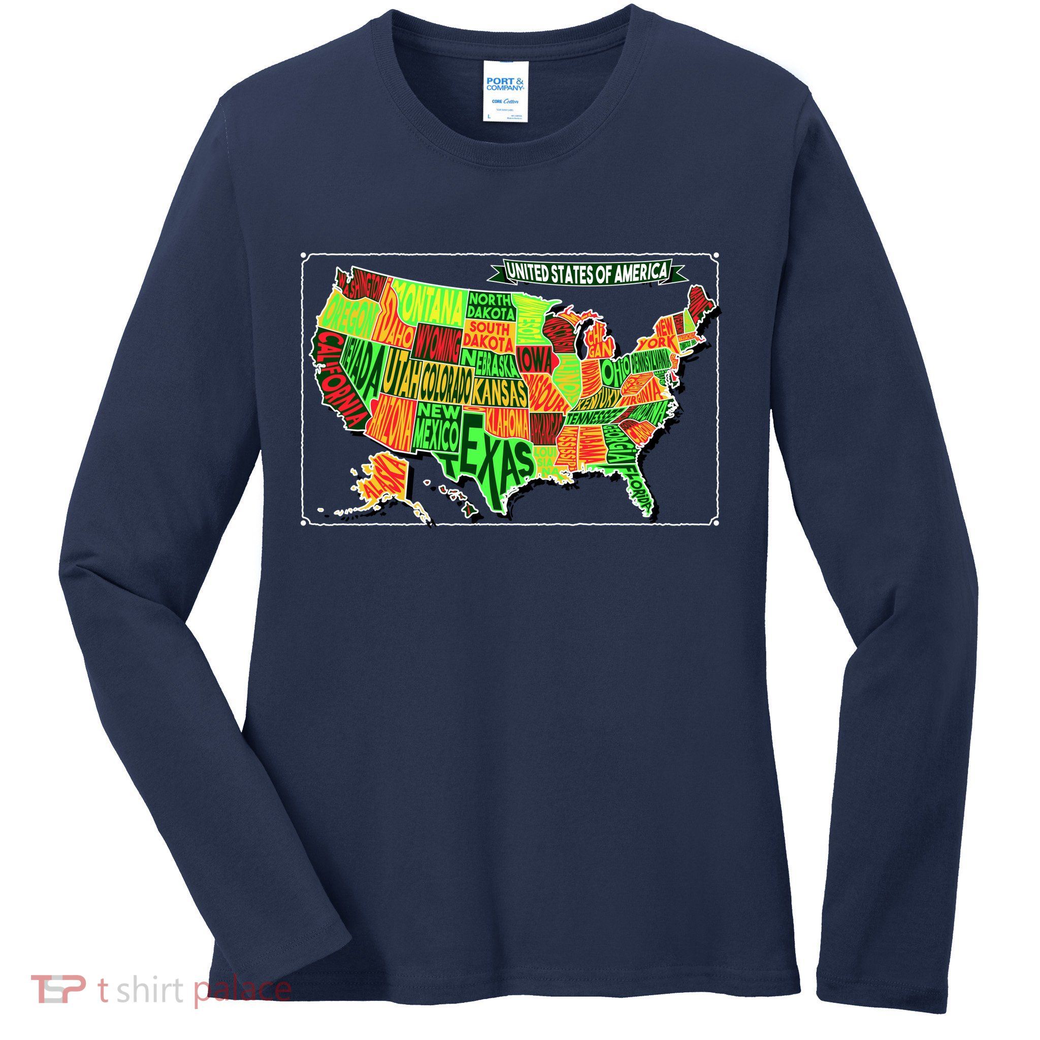 Retro United States Of America Map Ladies Long Sleeve Shirt