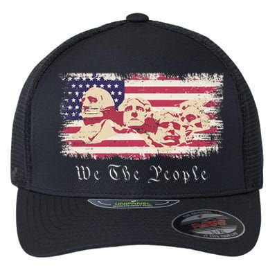 Rushmore United States Presidents On Vintage American Flag Flexfit Unipanel Trucker Cap