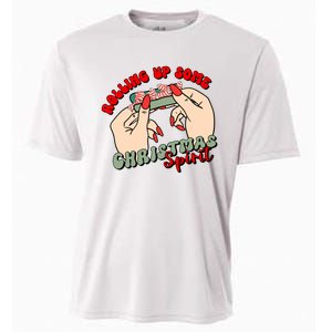 Rolling Up Some Christmas Spirit Funny Smoker Xmas Weed Cooling Performance Crew T-Shirt