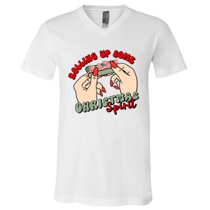 Rolling Up Some Christmas Spirit Funny Smoker Xmas Weed V-Neck T-Shirt