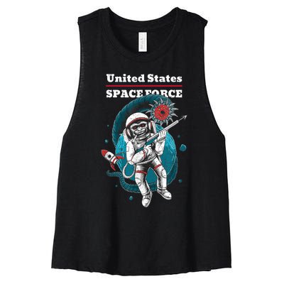 Retro United States Space Force Space Monkey Soldier Women's Racerback Cropped Tank