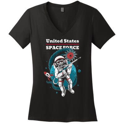 Retro United States Space Force Space Monkey Soldier Women's V-Neck T-Shirt