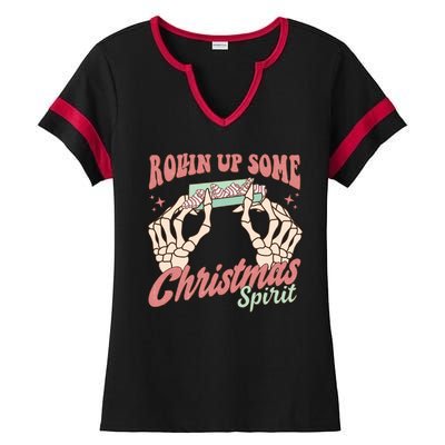 Rollin Up Some Christmas Spirit Funny Marijuana Ladies Halftime Notch Neck Tee