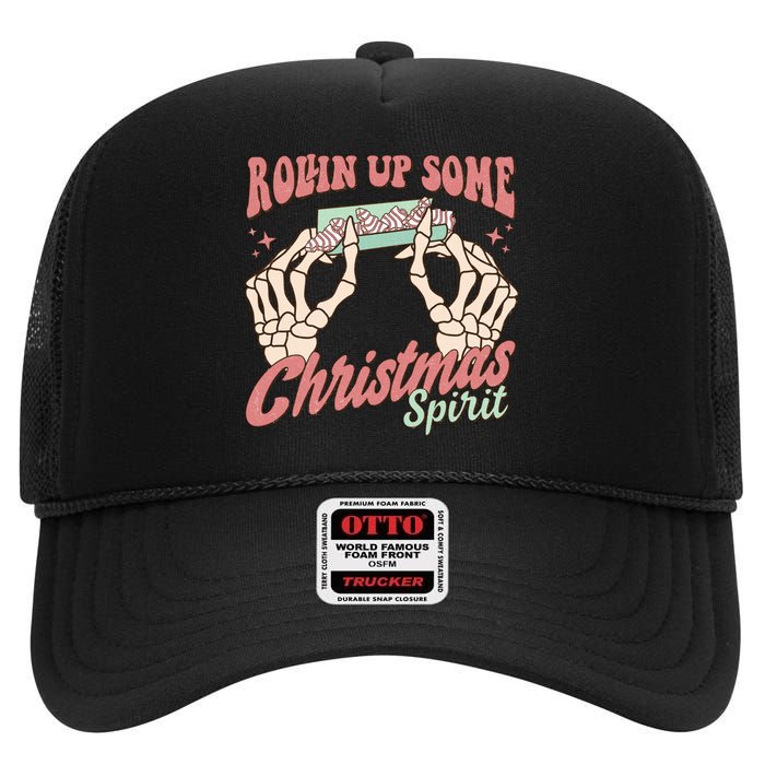 Rollin Up Some Christmas Spirit Funny Marijuana High Crown Mesh Back Trucker Hat