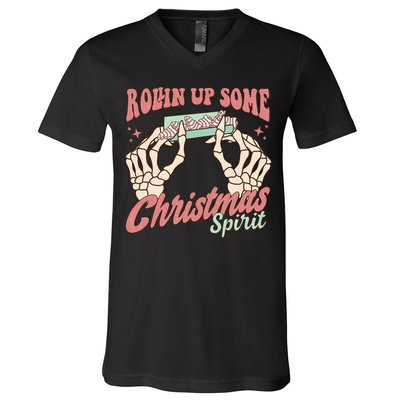 Rollin Up Some Christmas Spirit Funny Marijuana V-Neck T-Shirt
