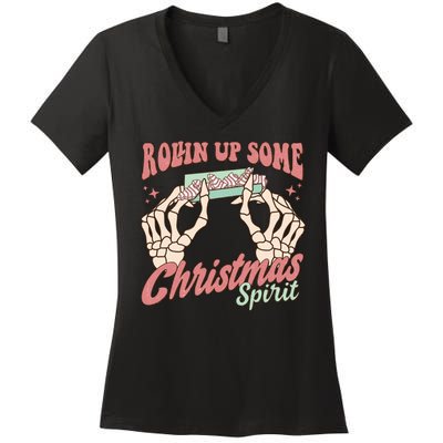 Rollin Up Some Christmas Spirit Funny Marijuana Women's V-Neck T-Shirt