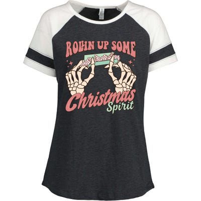 Rollin Up Some Christmas Spirit Funny Marijuana Enza Ladies Jersey Colorblock Tee