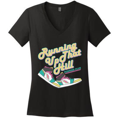 Running Up That Hill Retro Running Marathon Track Cross Women's V-Neck T-Shirt