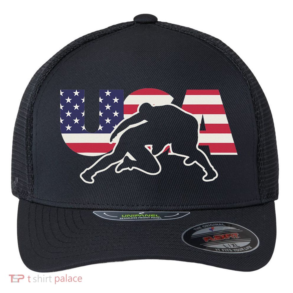 Retro USA Wrestling Apparel  American Gifts for US Wrestler  Flexfit Unipanel Trucker Cap