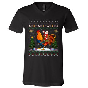 Rooster Ugly Xmas Gift Santa Riding Rooster Christmas V-Neck T-Shirt