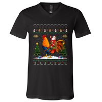 Rooster Ugly Xmas Gift Santa Riding Rooster Christmas V-Neck T-Shirt