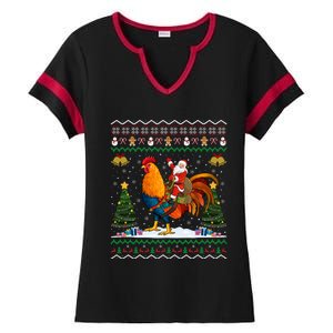 Rooster Ugly Xmas Gift Santa Riding Rooster Christmas Ladies Halftime Notch Neck Tee